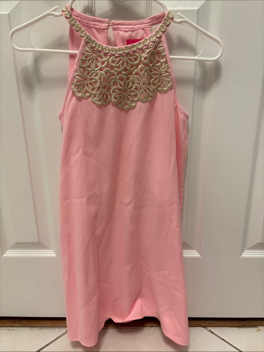 Lilly Pulitzer Pink Halter Dress with Gold Lace Yoke